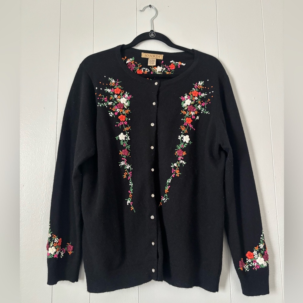 Vintage Black Cardigan Lambswool with Floral Embroidery Cottagecore Whimsy